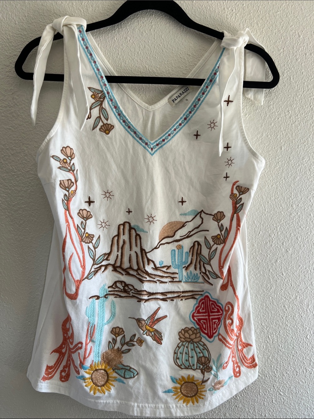 Desert inspired tank top with embroidery and shoulder tie details, size Small